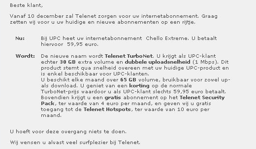 Telenet brief aan oud UPC Belgium klanten