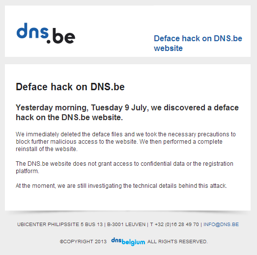DNS.be deface hack e-mail